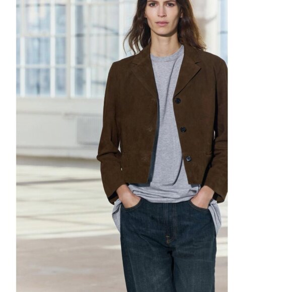 NEW Zara | Suede Leather Button-down Blazer In Black - Picture 12 of 15